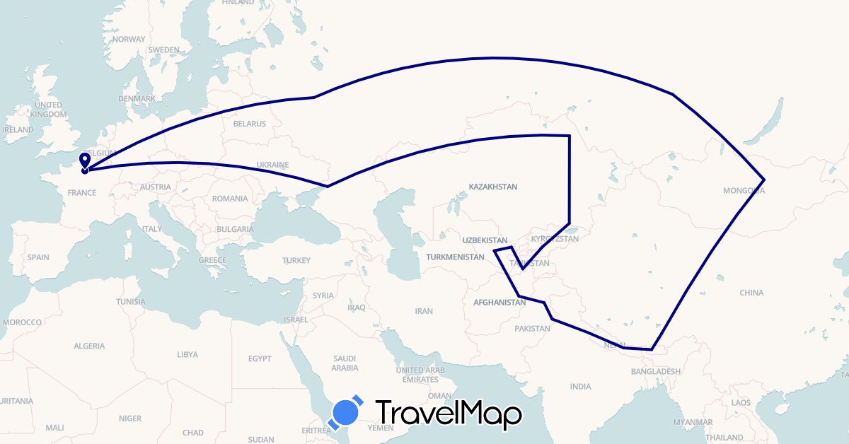 TravelMap itinerary: driving in Afghanistan, Bhutan, China, France, Kyrgyzstan, Kazakhstan, Mongolia, Nepal, Pakistan, Russia, Tajikistan, Uzbekistan (Asia, Europe)